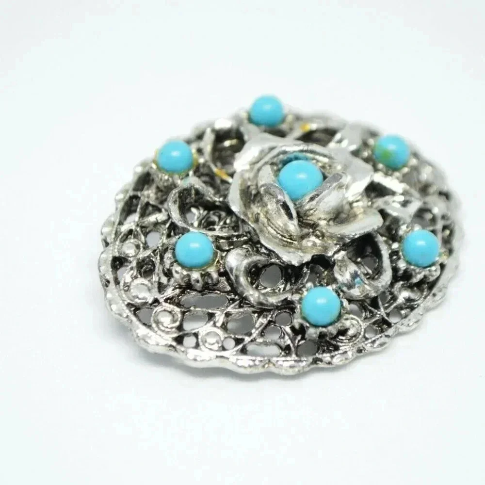 Blue Bead Rose Flower Filigree Silver Tone Retro